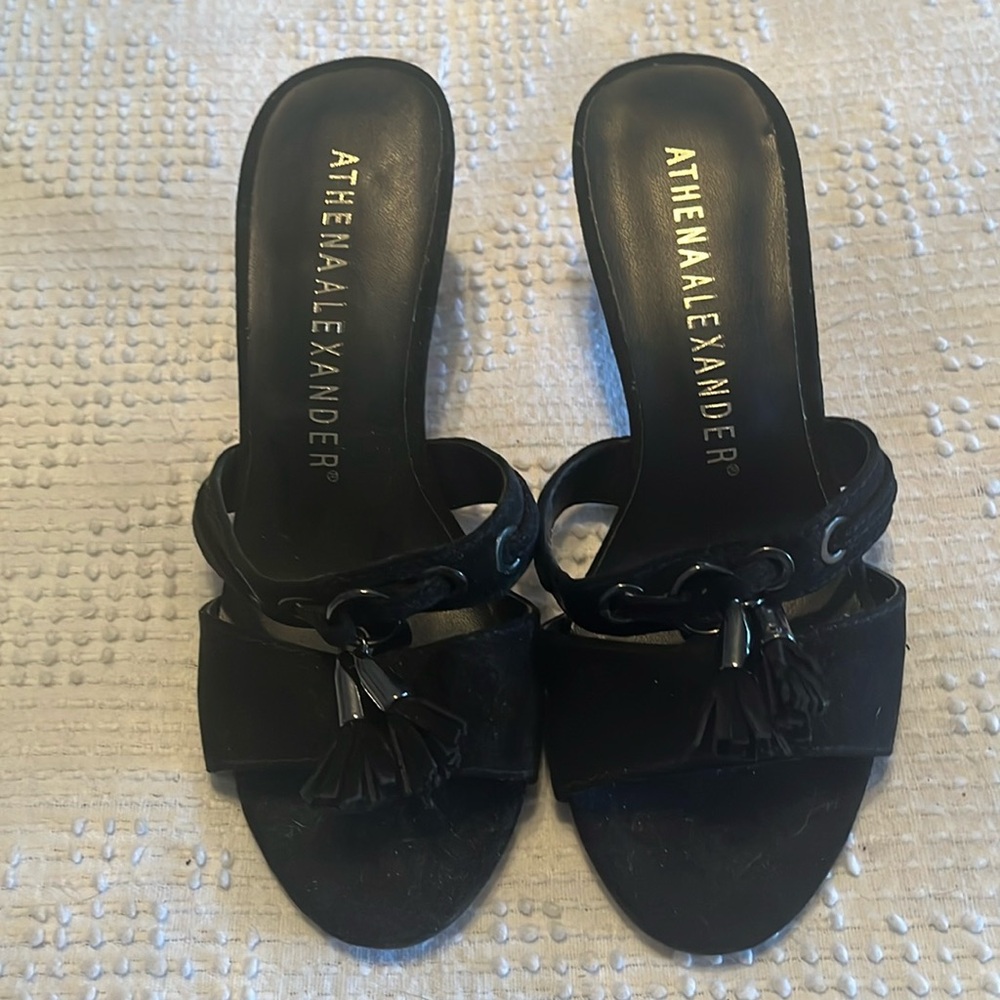 Athena Alexander black suede sandals.  Pussycat heel